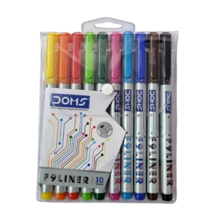Doms F9 Liner Set of 10 Assorted Shades| 0.5 mm Unique Push Resistant Metal Tip| Water Based Ink| Ideal For Writing, Drawing & Sketching