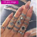 15 Pcs/Set Bohemian Retro Crystal Flower Leaves Hollow Lotus Gem Silver Ring Set - Ring For Girls. 