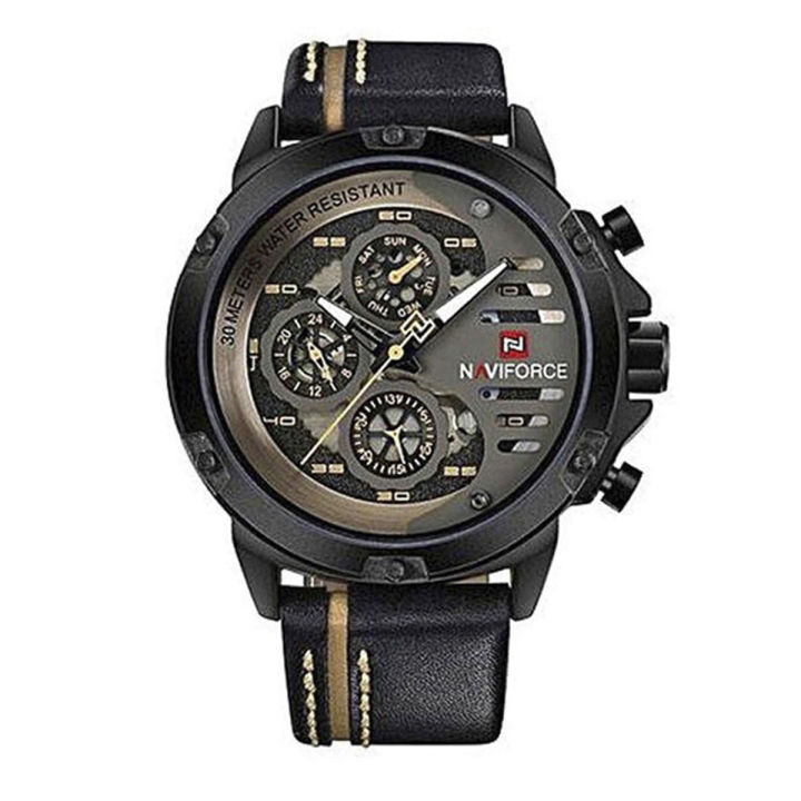 Naviforce NF9110 - Black Leather Wrist Watch for Men