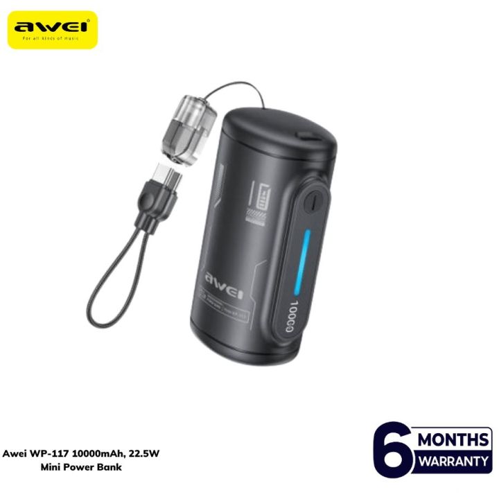 Awei WP‑117 10000mAh Mini Power Bank with Build-in Detachable Cable. 22.5W Fast Charging Pocket Size 3C Certified Powerbank