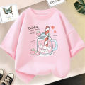 Strawberry Juice Graphic Print T-shirt Girls Aesthetic Pink Tops Tee 2023 Summer New Fashion Kids T Shirt.