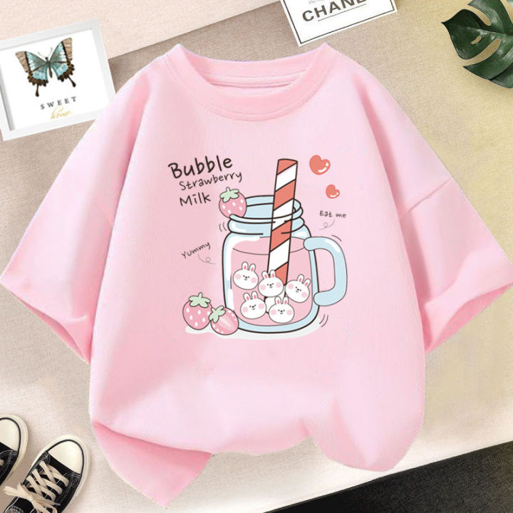 Strawberry Juice Graphic Print T-shirt Girls Aesthetic Pink Tops Tee 2023 Summer New Fashion Kids T Shirt
