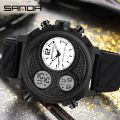 SANDA-LED Sports Digital Watches for Men, Waterproof Electronic Wristwatch, Three Displays, Quartz Watch, Alarm Clock, 3002, 50m.