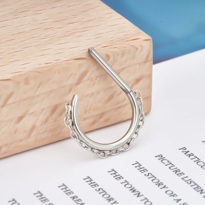 ASTM%20F136%20Titanium%2016G%20Hinged%20Segment%20D%20Shape%20Clicker%20Septum%20Ring%20with%20Chain%20Nose%20Ring%20Cartilage%20Earring%20Helix%20Lobe%20Piercing%20-%20Image%202