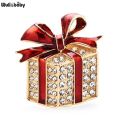 Wuli baby Rhinestone Enamel Gift Box Brooches For Women Men Red Green Bowknot Box Casual Party Brooch Pin Gifts. 