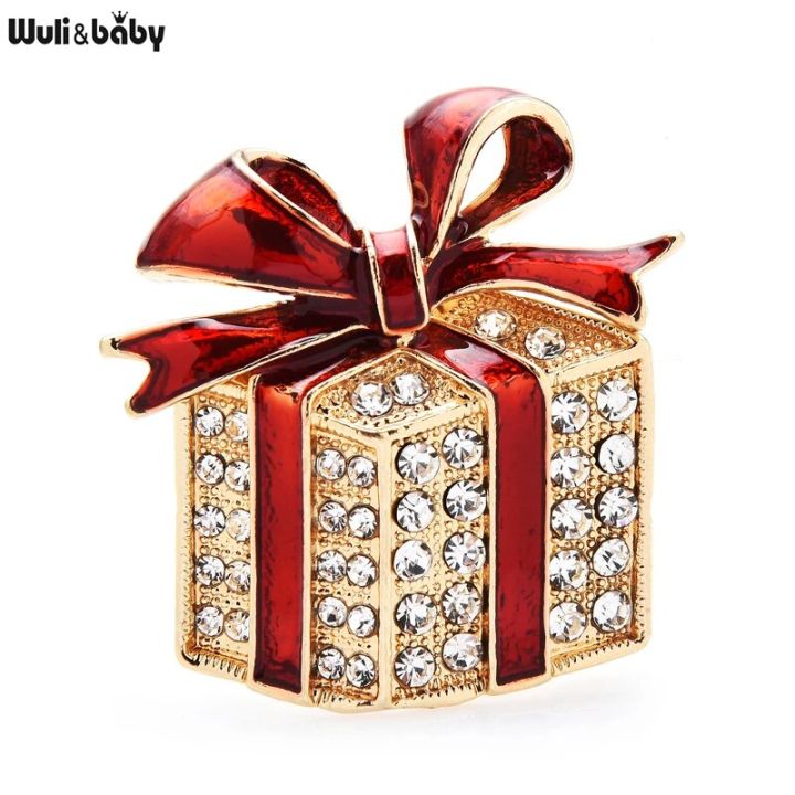 Wuli baby Rhinestone Enamel Gift Box Brooches For Women Men Red Green Bowknot Box Casual Party Brooch Pin Gifts
