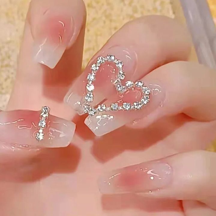 24Pcs/Set Diamond and Love Full Cover Artificial Nail Seamless Removable False Nails Capsule Fashion Pink Gradient Art Nail
