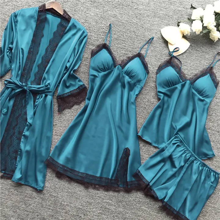 Women%20Satin%20Pajama%20Set%20Solid%20Lace%20Straps%20Silk%20Sleepwear%20with%20ChPads%20y%20suspender%20pajamas%20party%20daily%20cute%20date%20pajamas%20set%20-%20Image%204