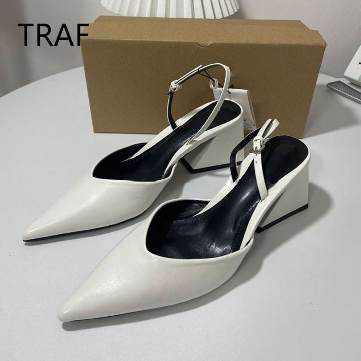 TRAF White Pumps Women 2024 Spring Thick Heels High Heels Women Sandals Fashion Pointed Elegant Office Woman Heeled Shoes