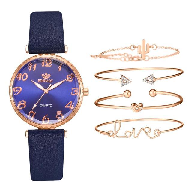 5pc/set New Fashion Women Watches Round Arabic Numerals Leather Watch Women Dress Ladies Wristwatches Luxury Bracelet Watch Set