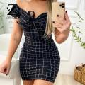 Zentora Party Dress Casual Plaid Print Off Shoulder Bodycon Dress. 