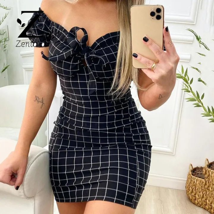 Zentora%20Party%20Dress%20Casual%20Plaid%20Print%20Off%20Shoulder%20Bodycon%20Dress%20-%20Image%204