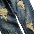 Men Dark Blue Ripped Jeans Denim Destroyed Cotton Casual Hole Ruined Trousers For Male Fashion Long Plus Size 28-42.