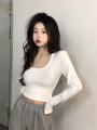 Simple White Shoulder U Collar Threaded Long Sleeve T T-shirt Women's Outer Wear Inner Wear Hot Girl Top Short All-Match Bottoming Shirt.