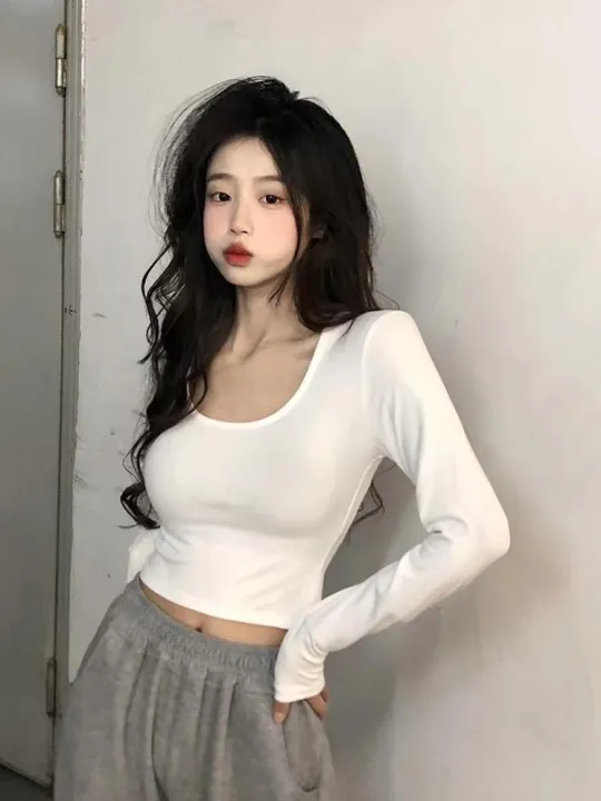 Simple%20White%20Shoulder%20U%20Collar%20Threaded%20Long%20Sleeve%20T%20T-shirt%20Women's%20Outer%20Wear%20Inner%20Wear%20Hot%20Girl%20Top%20Short%20All-Match%20Bottoming%20Shirt%20-%20Image%204