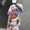 Jnese ins graffiti T-shirt male short-sleeved large size loose summer stuHong Kong trend half-sleeved tshirt. 