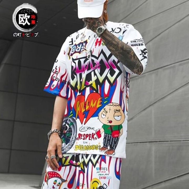 Jnese%20ins%20graffiti%20T-shirt%20male%20short-sleeved%20large%20size%20loose%20summer%20stuHong%20Kong%20trend%20half-sleeved%20tshirt%20-%20Image%204