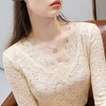 Women's Lace Bottoming Shirt2023Spring Slim Fit Inner Wear Small Shirt with Lace plus Velvet off-Shoulderv-Neck Top. 