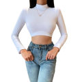 Women Sexy Backless Crop Tops, High Neck Long Sleeve Solid Color Tie Up Back Slim Shirts. 