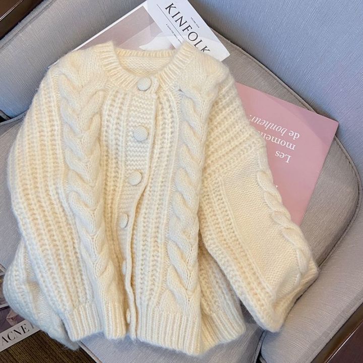 Soft Glutinous Cable-Knit Sweater Cardigan Women's Autumn New Lazy Wind Retro Short Loose Slimming Knitted Coat