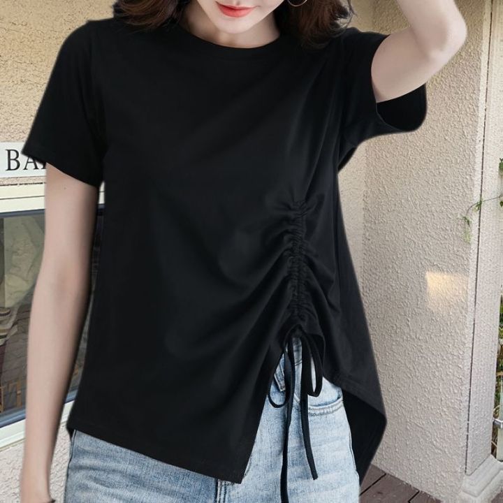 Short%20Sleeve%20T%20T-shirt%20Women's%20New%20Summer%20Korean%20Style%20Split%20Drawstring%20Irregular%20Versatile%20Split%20Loose%20Design%20Top%20ins%20-%20Image%207