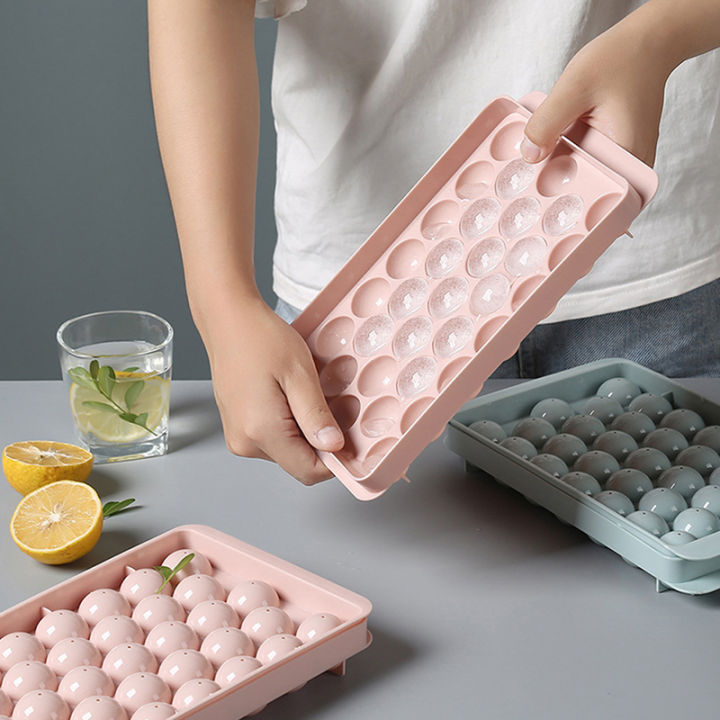 【Big savings】 Round Ice Cube Tray with Lid Plastic Ice Cube Mold Refrigerator Spherical Ice DENGYOUZHOU