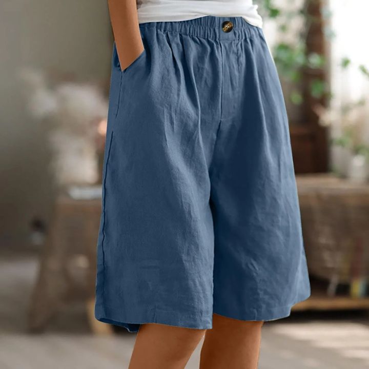 Fashion%20Solid%20Color%20Pants%20Pocket%20Button%20Up%20Capris%20Elastic%20Waist%20Loose%20Cotton%20Linen%20Women's%20Shorts%20-%20Image%204
