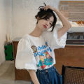 IELGY Korean style white cartoon print short sleeve t-shirt women loose. 