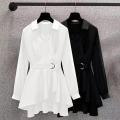 M-4XL Women's Shirt Lapel V Neck Long Sleeves Irregular Hem Plus Size Waist Tight Adjustable Belt Pullover Shirt Female Clothing. 
