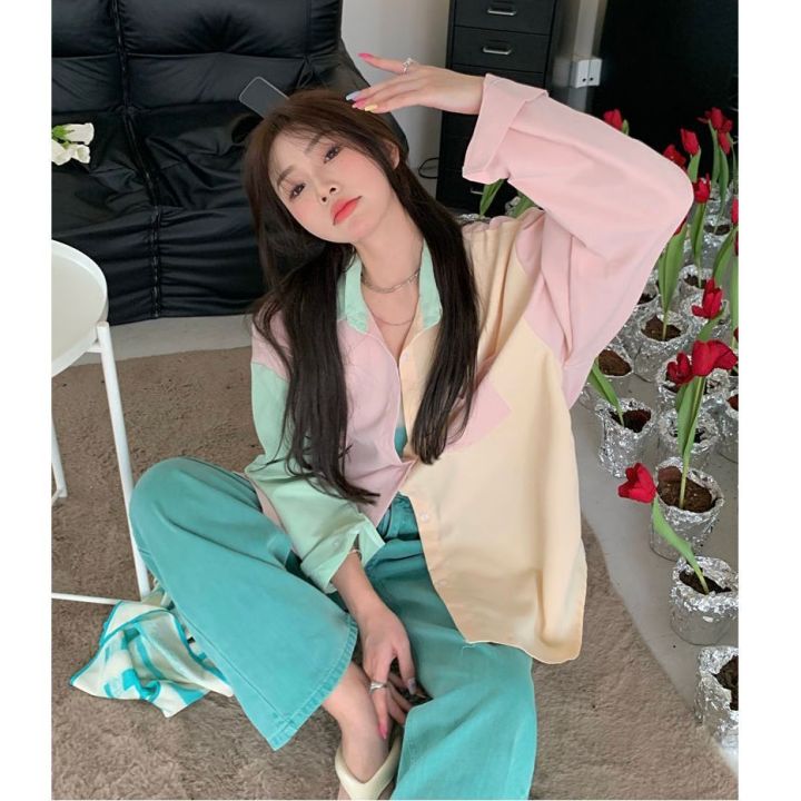 French%20Super%20Fairy%20Senior%20Elegant%20Long%20Sleeve%20Blouse%20Women's%20Early%20Autumn%20Thin%20Design%20Sense%20Macaron%20Color%20Series%20Patchwork%20Shirt%20-%20Image%204