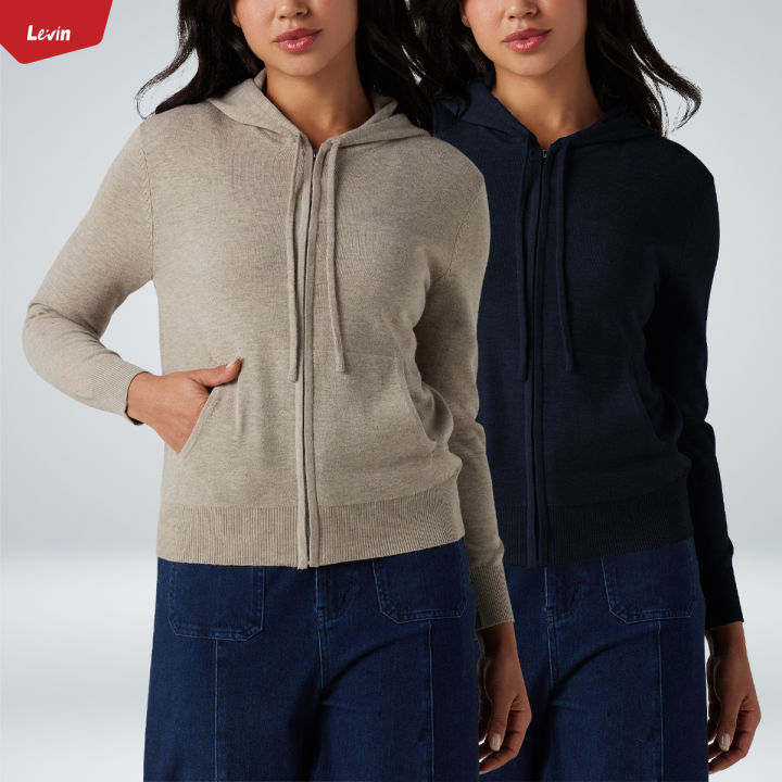 Womens Soft Knit Zip-Up Full Sleeve Sweater Hoodie with Pockets From Levin