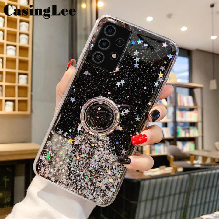 Casinglee for Galaxy A73 5G case Shiny Ring Glitter Soft Transparent Holder Stand Back cover with String for Samsung A73 5G Phone cases cover Stars Moon Girls