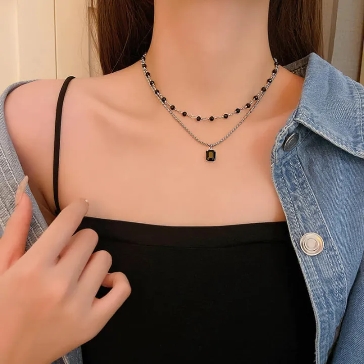 Black%20Resin%20Beads%20Chain%20Choker%20Double%20Layer%20Square%20Pendant%20Necklace%20For%20Women%20Party%20Jewelry%20Gifts%20-%20Image%202