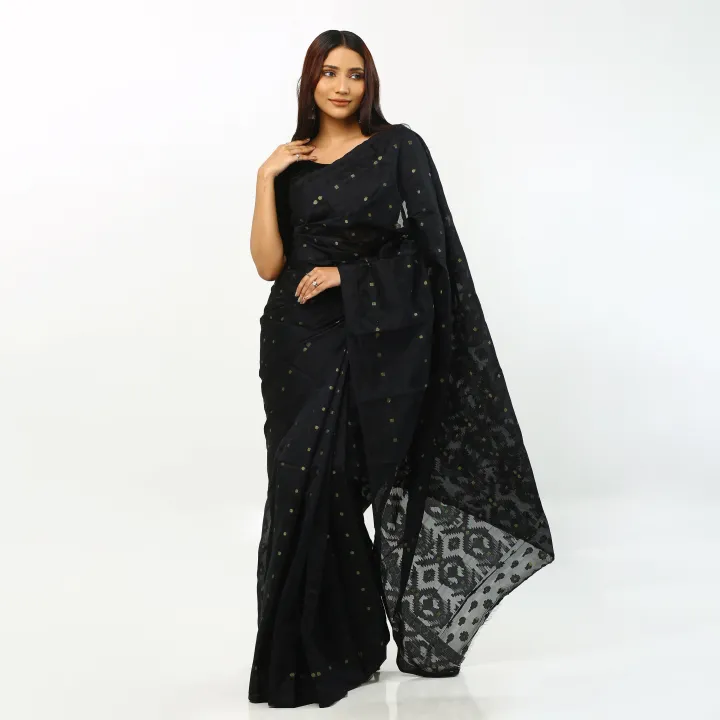 Black%20half%20silk%20matching%20jamdani%20saree%20for%20women%20-%20Sari%20-%20Image%202