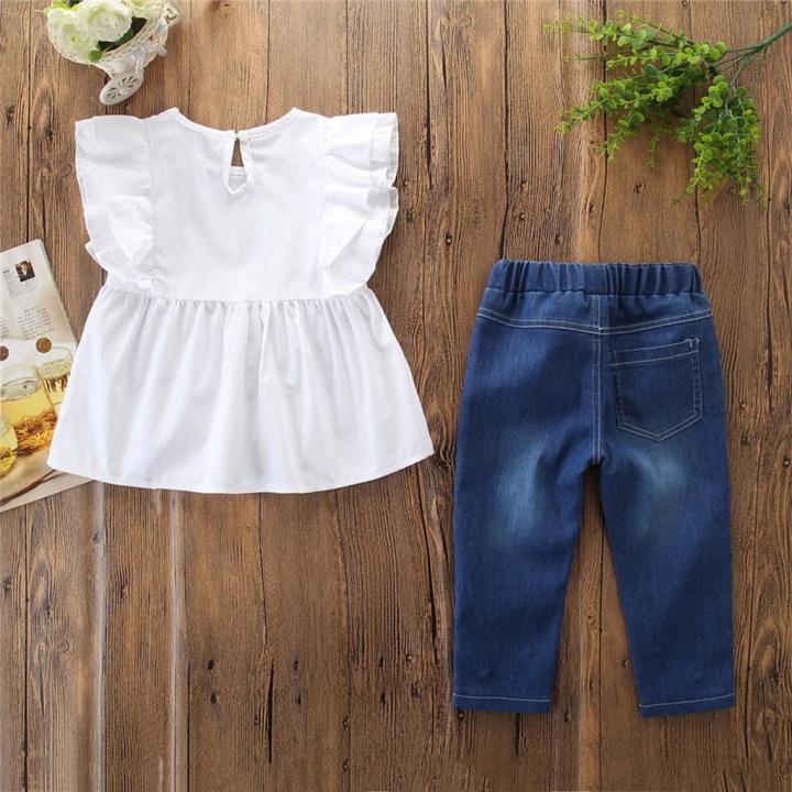 Toddler%20Kids%20Baby%20Girls%20Outfits%20Solid%20T-shirt%20Tops+Pearl%20Denim%20Pants%20Jeans%20Set%20-%20Image%206