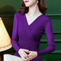 2023 Spring and Autumn New Korean Style Western Style Slim Fit Black Mesh Cross V Collar Bottoming Shirt Long-Sleeved Top T Women's T-shirt.