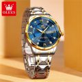 OLEVS watch for men original waterproof fashion diamond dial luminous dual calendar stainless steel strap relo for men 5609. 
