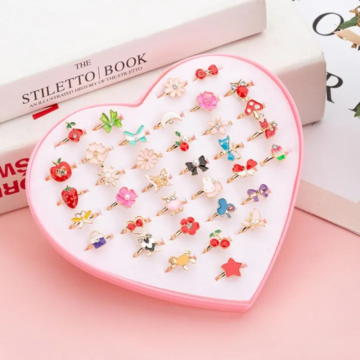 36pcs/box Cute Cartoon Kids Rings Korean Animal Flower Adjustable Child Girls Finger Rings Children Kawaii Sweet Gifts