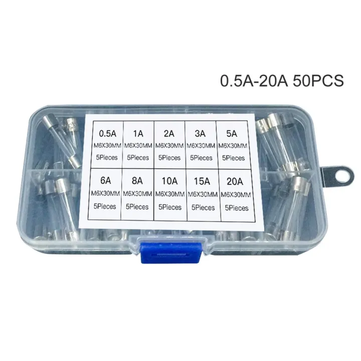 50PCS%206x30mm%20Fast%20Blow%20Glass%20Fuse%20Assorted%20Mixed%20Kit%20Insurance%20Tube%200.5A-20A%20-%20Transparent%20-%20Image%202