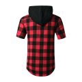 Black Red Plaid Hoodie Shirt Men Double Pocket Western Snap Casual Shirts Mens Short Sleeve Patchwork Streetwear Hoodies Shirts.