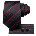 【100%-New】 Hi-Tie Striped Black Red Mens Fashion Necktie Handkerchief Cufflinks for Tuxedo Accessory Classic Silk Luxury Tie for Man Gift. 