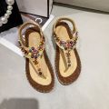 Sandals Women's 2023 New Women's Shoes Spring Bohemian Clip Foot Flat Sandals Women's Beaded Beach Shoes Women's Korean Version.