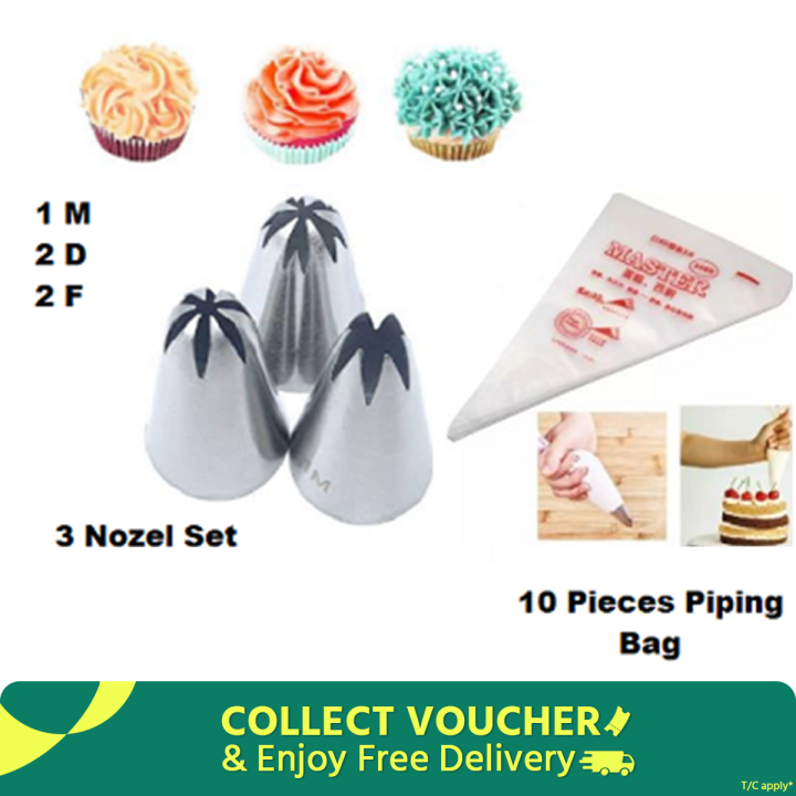 2X Combo Stainless Steel 3 piecs Nozzle- 1M ,2D, 2F & 10 Pieces Piping Bag