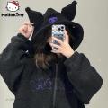 Sanrio Cartoon Kuromi Clothes Women Black Embroidery Hoodies Y2k Aesthetic Tops Autumn Thin Coat Female Fashion Loose Sweatshirt. 