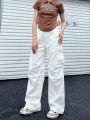 2022 Solid Retro White Cargo Pants Women Harajuku Style Brown Hippie Wide Leg Parachute Trousers Female High Street Pantalone. 