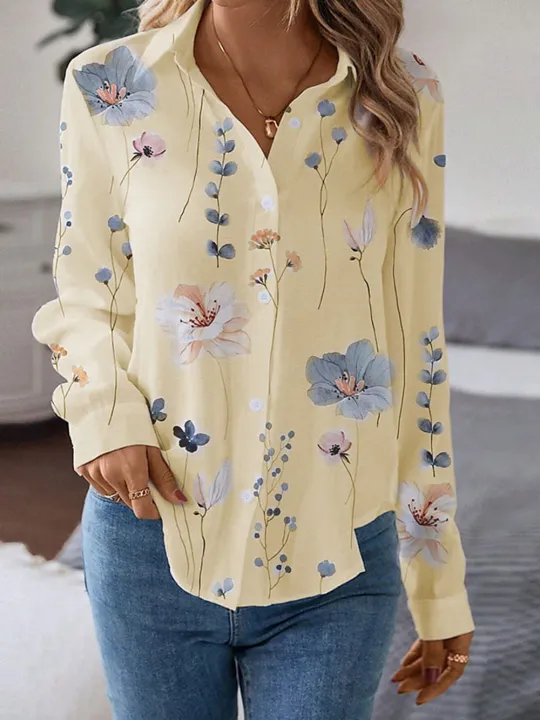 Women's%20Shirt%20Blouse%20Floral%20White%20Yellow%20Pink%20Print%20Button%20Long%20Sleeve%20Casual%20Holiday%20Fashion%20Shirt%20Collar%20Fit%20Spring%20Fall%20-%20Image%207