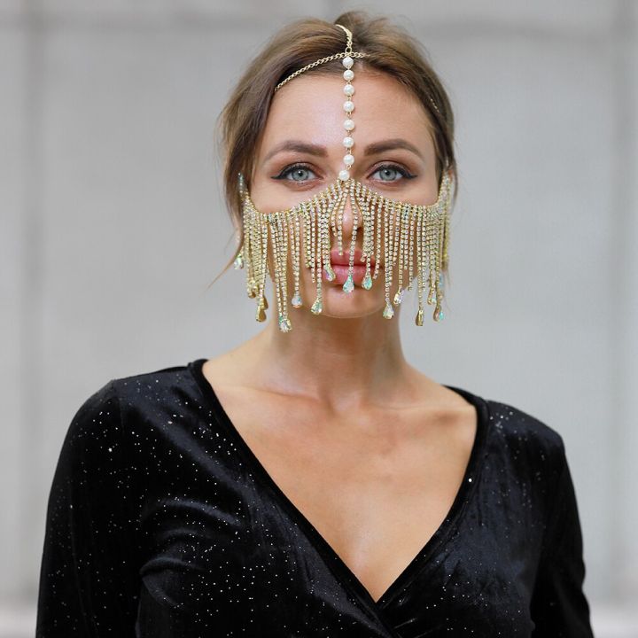 Tassel Veil Masks Handmade Rhinestone Chain Face Mask Party Women Masquerade Head Decor Facemask Cosplay Face Chain