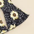 Kid Girl Outfit Set Letter Sunflower Printed Short Sleeve Ruffle Hem Tops Elastic Waist Flared Pants. 