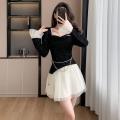 Real Shot Spot Autumn and Winter Design Sense Thin and Glittering Temperament Pure Desire Hot Girl Fake Two-Piece Belt Bell Sleeve Dress. 