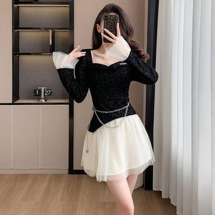 Real Shot Spot Autumn and Winter Design Sense Thin and Glittering Temperament Pure Desire Hot Girl Fake Two-Piece Belt Bell Sleeve Dress